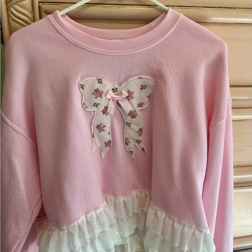 Pink Sweatshirt with Floral Bow and Lace Trim